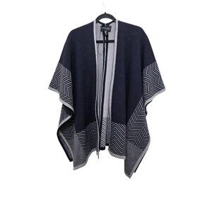 Adrienne Vittadini Wool Poncho Cape Sweater Open Front Wrap Cardigan Blue Gray